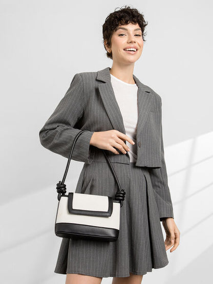 Black Trim Canvas Shoulder Bag with Knotted Strap