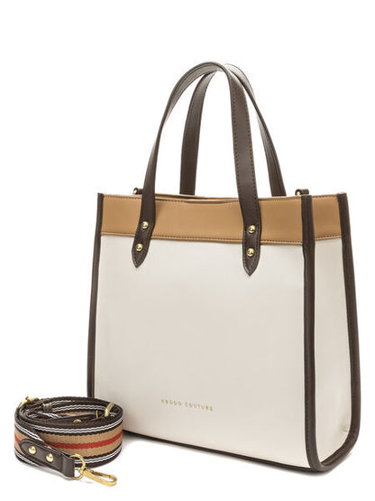 Cream Faux Leather Tote with Striped Strap