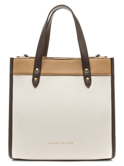 Cream Faux Leather Tote with Striped Strap