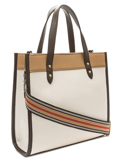 Cream Faux Leather Tote with Striped Strap