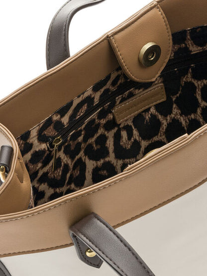 Cream Faux Leather Tote with Striped Strap