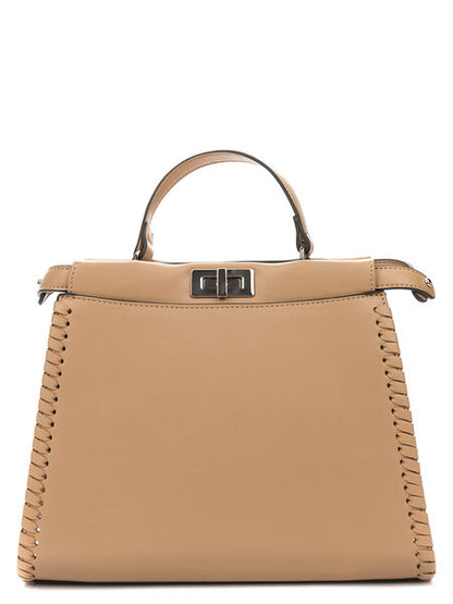 Beige Structured Handbag with Whipstitch Detail
