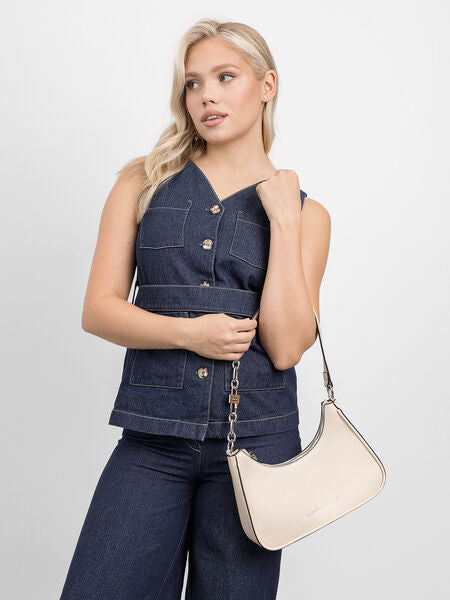 Cream Faux Leather Shoulder Bag with Chain Strap