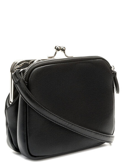 Black Faux Leather Crossbody Bag with Frame Closure