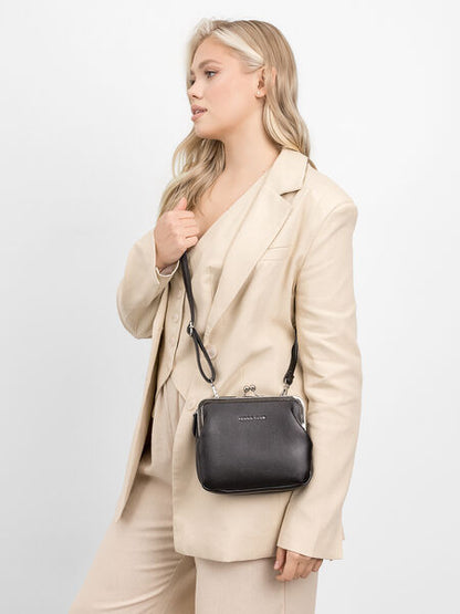 Black Faux Leather Crossbody Bag with Frame Closure