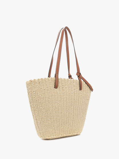 Natural Woven Tote Bag with Leather Handles