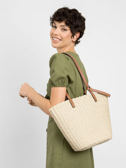 Natural Woven Tote Bag with Leather Handles
