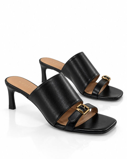 Heeled Mule Open-Toe Nappa BLACK