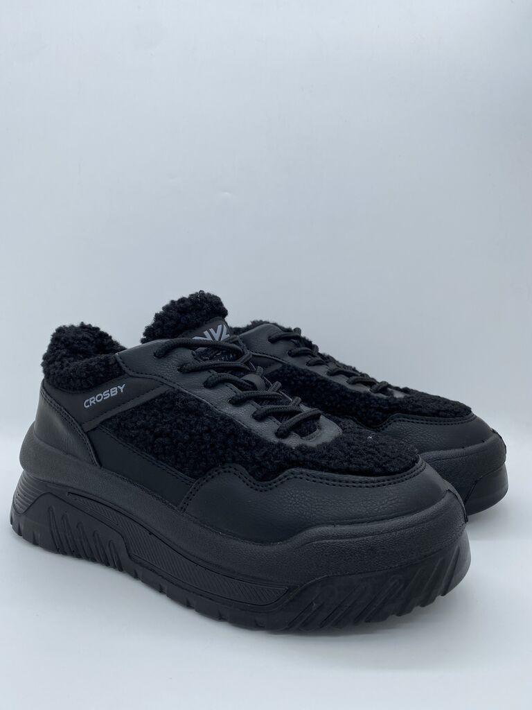 Black Textured Platform Sneakers with Plush Details
