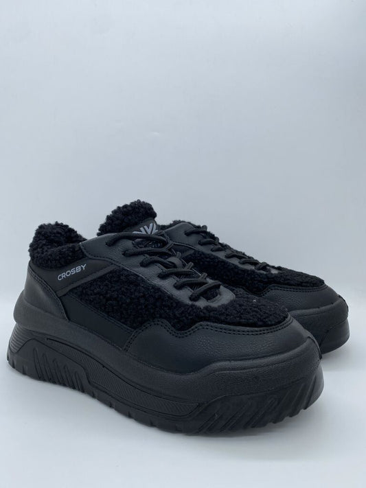 Black Textured Platform Sneakers with Plush Details