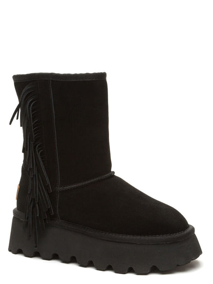 Black Fringe Platform Boot with Treaded Sole