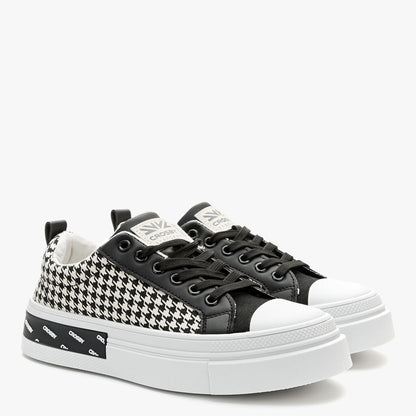 Black Houndstooth Low-Top Sneakers with Platform Sole