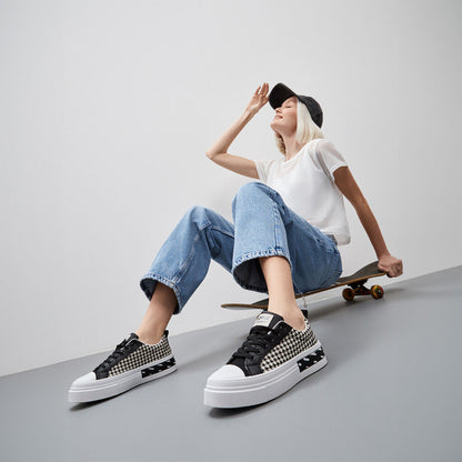 Black Houndstooth Low-Top Sneakers with Platform Sole