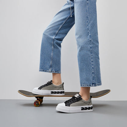 Black Houndstooth Low-Top Sneakers with Platform Sole