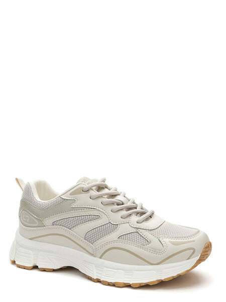 Beige Mesh-Panel Lace-Up Sneakers