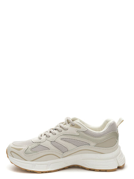 Beige Mesh-Panel Lace-Up Sneakers