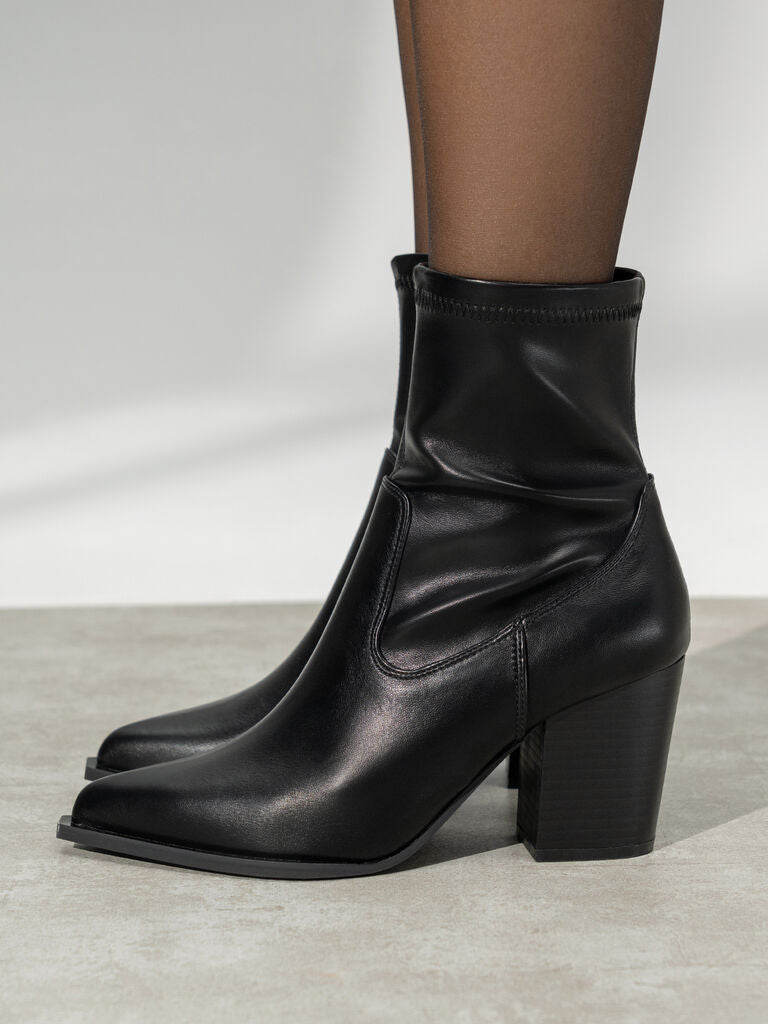 Black Faux Leather Ankle Boots with Block Heel