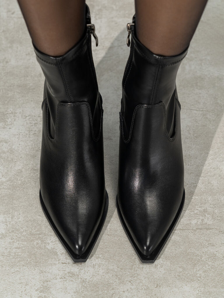 Black Faux Leather Ankle Boots with Block Heel