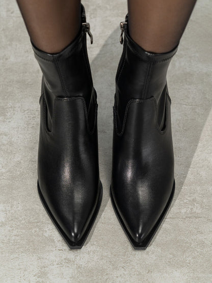 Black Faux Leather Ankle Boots with Block Heel