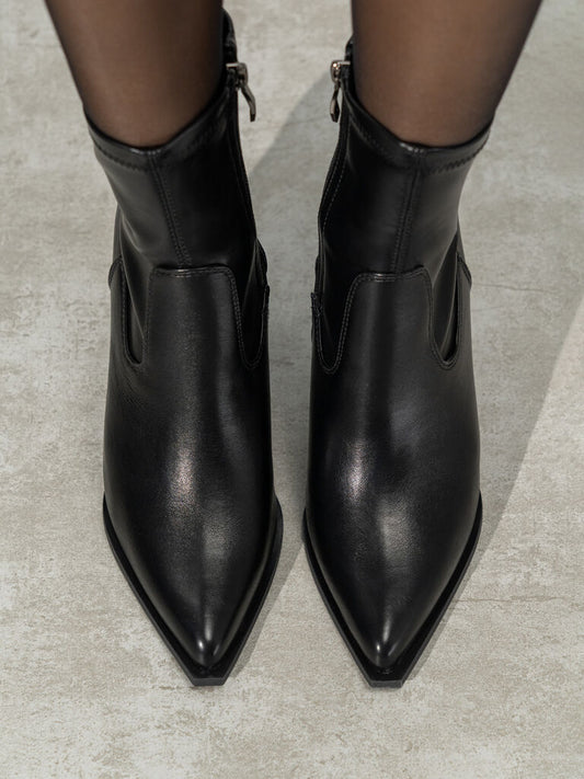 Black Faux Leather Ankle Boots with Block Heel