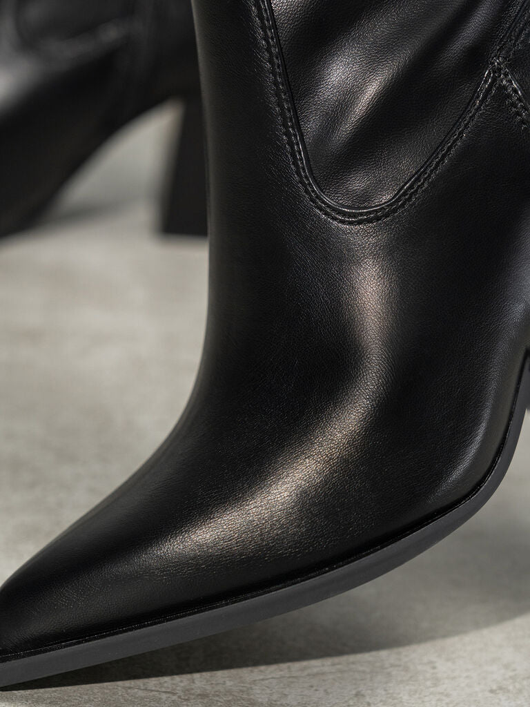 Black Faux Leather Ankle Boots with Block Heel