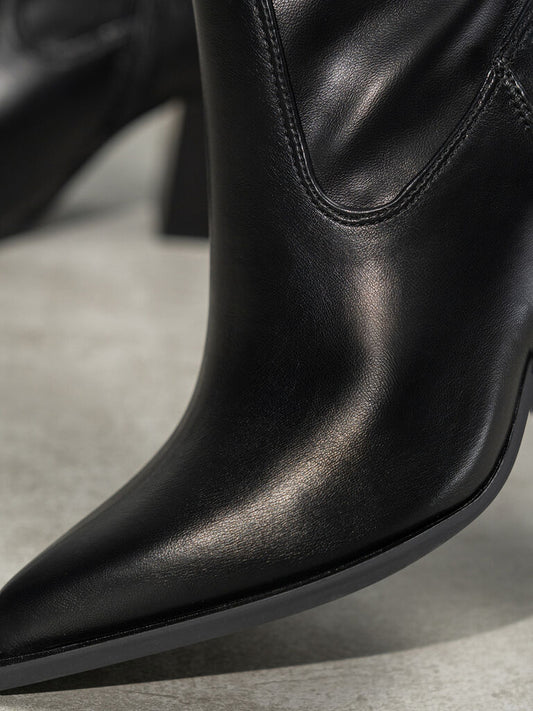 Black Faux Leather Ankle Boots with Block Heel
