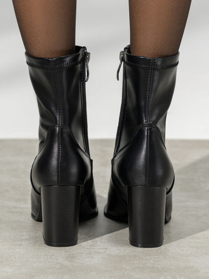 Black Faux Leather Ankle Boots with Block Heel