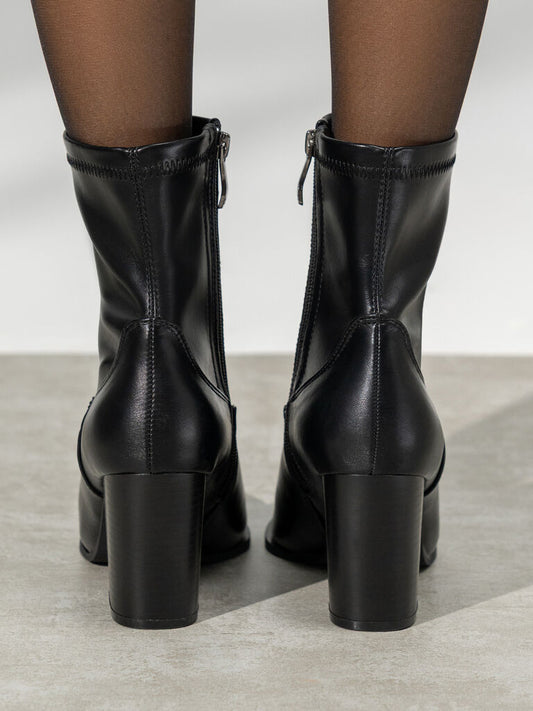 Black Faux Leather Ankle Boots with Block Heel