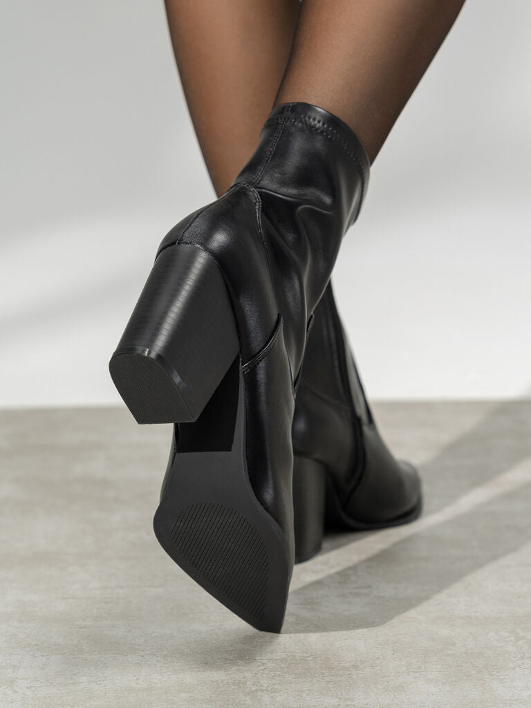 Black Faux Leather Ankle Boots with Block Heel