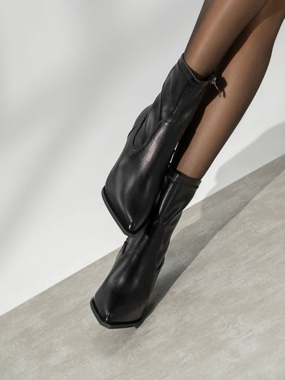 Black Faux Leather Ankle Boots with Block Heel