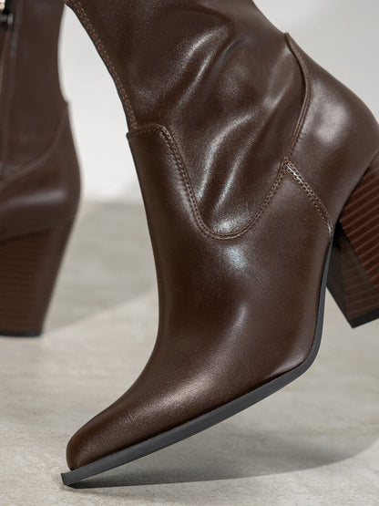 Brown Leather Ankle Boots with Block Heel