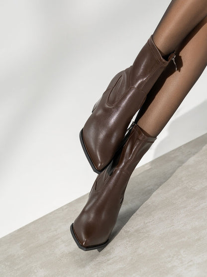 Brown Leather Ankle Boots with Block Heel