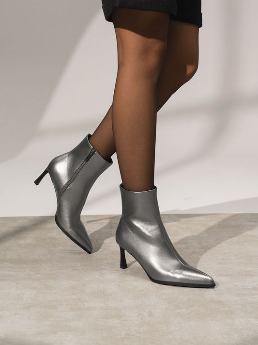 Silver Glossy Ankle Boots with Sleek Heel