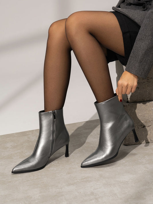 Silver Glossy Ankle Boots with Sleek Heel