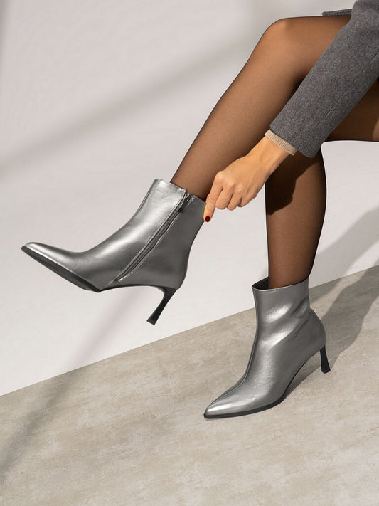 Silver Glossy Ankle Boots with Sleek Heel