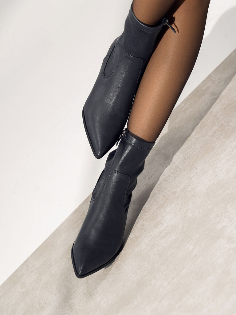 Black Pointed Toe Leather Ankle Boots