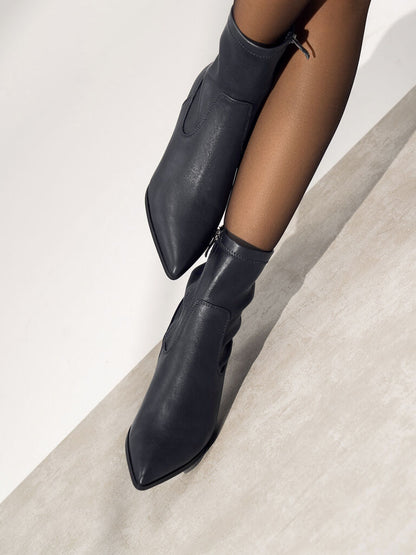 Black Pointed Toe Leather Ankle Boots