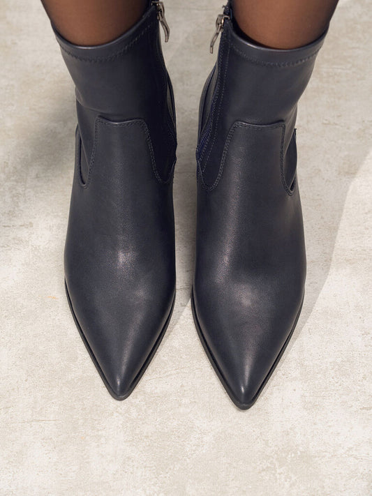 Dark Navy Pointed Toe Leather Ankle Boots