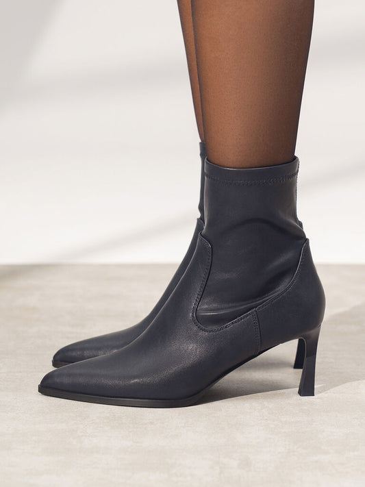 Dark Navy Pointed Toe Leather Ankle Boots