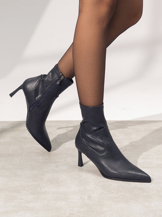 Dark Navy Pointed Toe Leather Ankle Boots