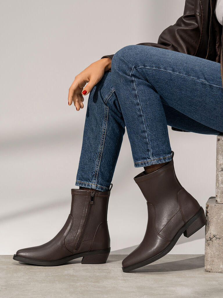 Brown Faux Leather Ankle Boots with Low Heel