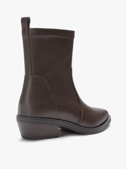 Brown Faux Leather Ankle Boots with Low Heel