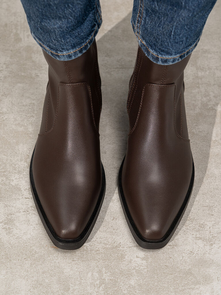 Brown Faux Leather Ankle Boots with Low Heel