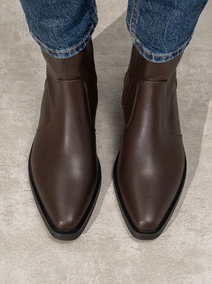 Brown Faux Leather Ankle Boots with Low Heel