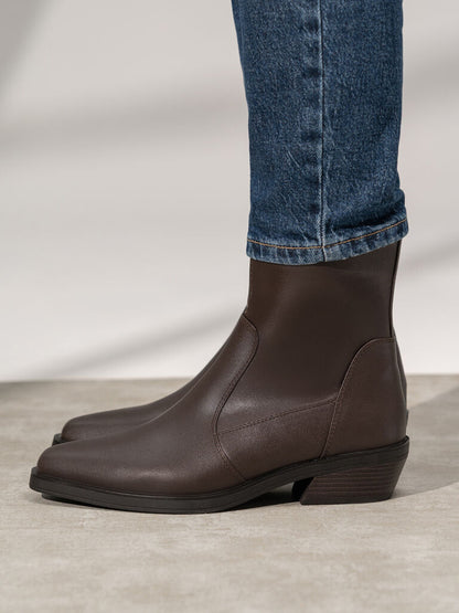 Brown Faux Leather Ankle Boots with Low Heel