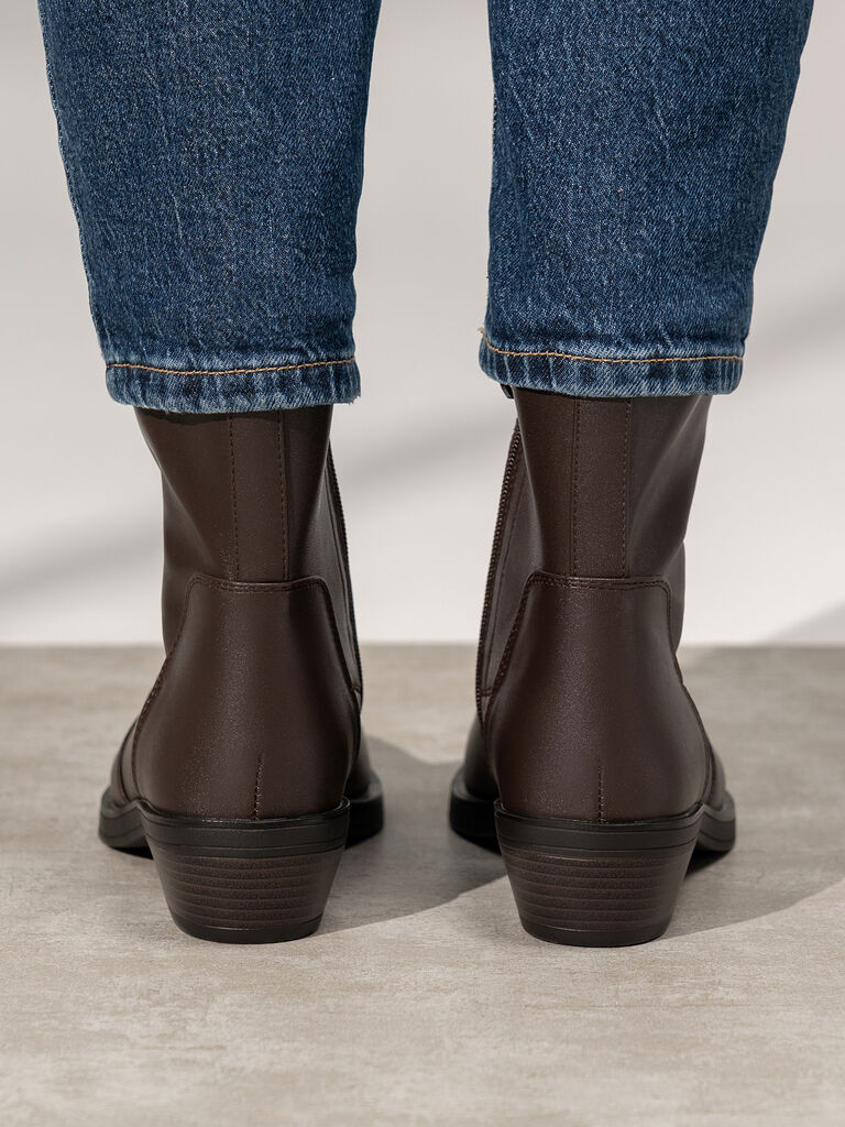 Brown Faux Leather Ankle Boots with Low Heel