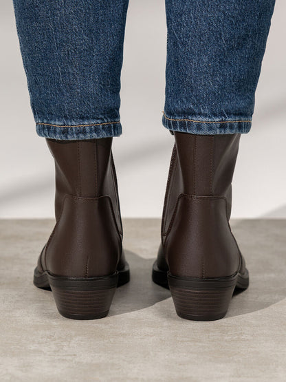 Brown Faux Leather Ankle Boots with Low Heel