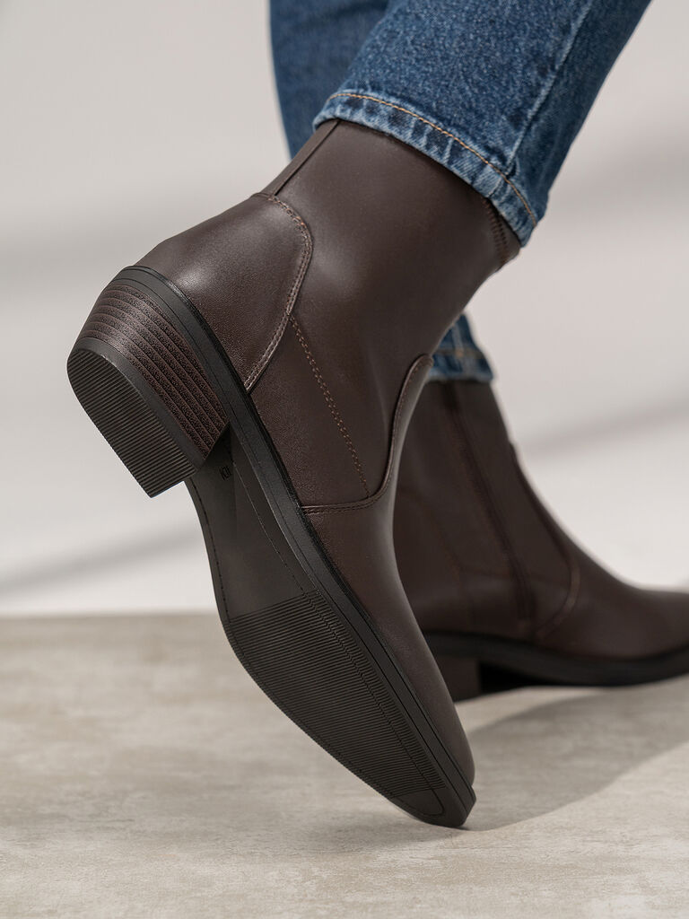 Brown Faux Leather Ankle Boots with Low Heel