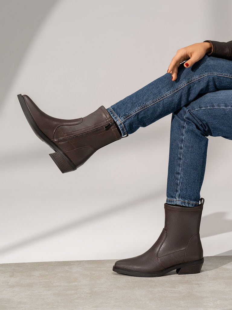 Brown Faux Leather Ankle Boots with Low Heel