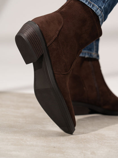 Brown Suede Ankle Boots with Low Block Heel
